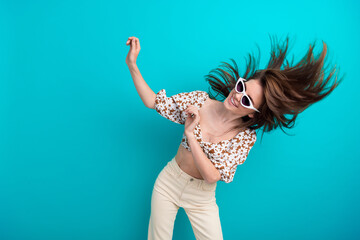 Photo of blow hair young woman partying hands up brunette chill discotheque wearing sunglasses...