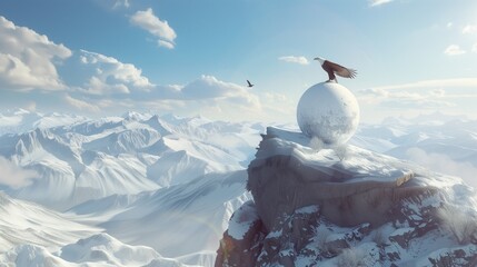 Perched atop a snowy mountaintop, a World Easter egg gleams in the crisp mountain air, its surface adorned with intricate frost patterns. A lone eagle soars overhead