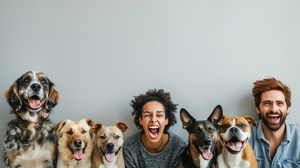 A hilarious and relatable stock image showcasing a row of dogs displaying a range of amusing expressions, playfully compared to a row of humans with similarly varied expressions.