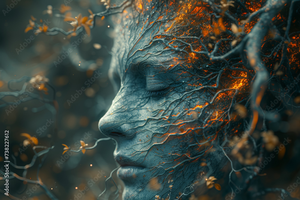 Aufkleber An individual with an unraveling mind, threads of thoughts spiraling outwards into a surreal tapestry. Concept of surreal unraveling. Generative Ai.