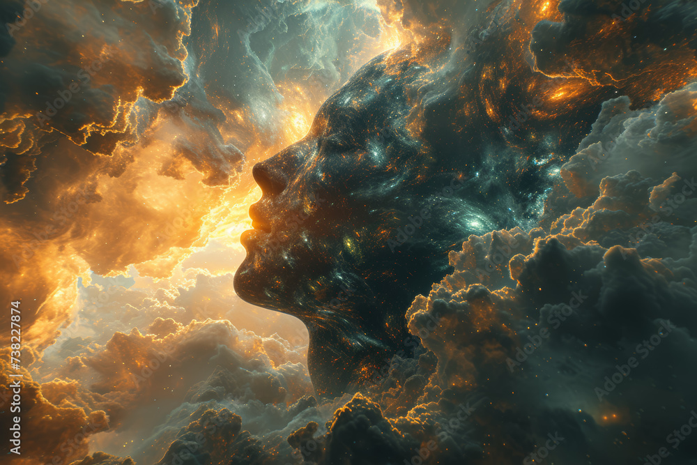 Poster an enigmatic figure with a surreal nebula within, portraying the vastness and complexity of the ment
