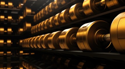 Background with a rack of dumbbells in Gold color.