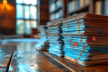 A stack of diverse business documents, from financial reports to market analyses, illustrates the multifaceted nature of decision-making in a modern and competitive business. Generative Ai.