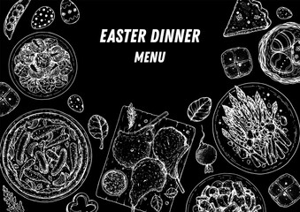 Obraz na płótnie Canvas Easter food hand drawn sketch. Vector illustration. Festive table with Easter food. Engraved illustration. Menu set.