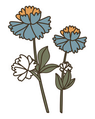 Flower with blue, yellow and white flowers. Branch with flowers and leaves. Flat vector illustration. Vintage style with outline.