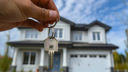 Une main tenant une clé devant une maison neuve en arrière-plan. - obrazy, fototapety, plakaty