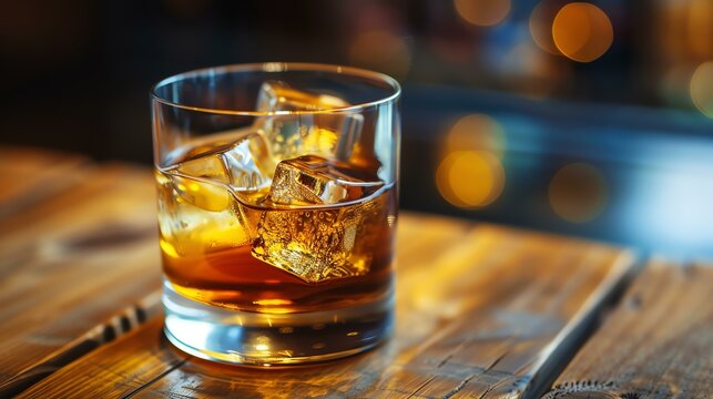 A captivating image of a whiskey glass adorned with ice showcased on a charming rustic wooden table. The perfect visual representation of relaxation and elegance.