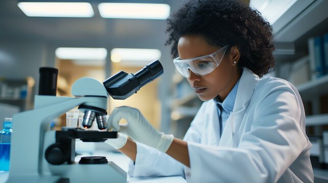 Young female scientist in lab coat analyzing a sample under microscope, showcasing the essence of scientific research in a modern laboratory.