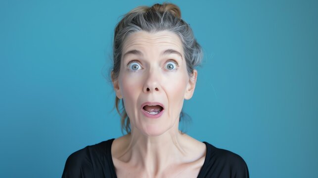 Surprised woman on blue backdrop. Expressive face captures astonishment and awe. Perfect for blogs, articles, and ads.