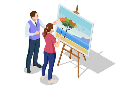 Isometric Female painter drawing in art studio using easel. Painting, drawing and artwork concept. Art, creativity, hobby, job and creative occupation