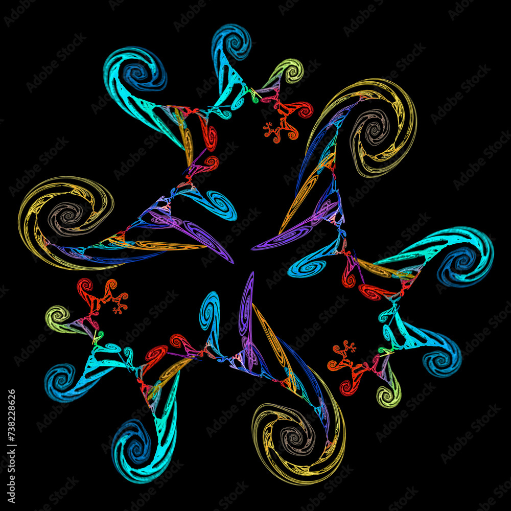 Poster abstract colorful flower made of spirals on a black background. spirals of different colors, shapes 