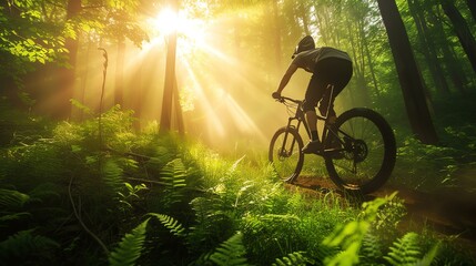 Thrilling mountain biking adventure in a lush forest, where sunlight rays illuminate the intense motion and adrenaline-pumping excitement. - obrazy, fototapety, plakaty