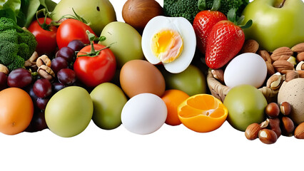 Fresh vegetables and fruits with eggs and nuts on white background