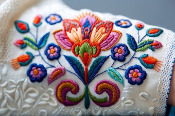 Traditional Slovakian folk embroidery artistry presented on a crisp white background - obrazy, fototapety, plakaty
