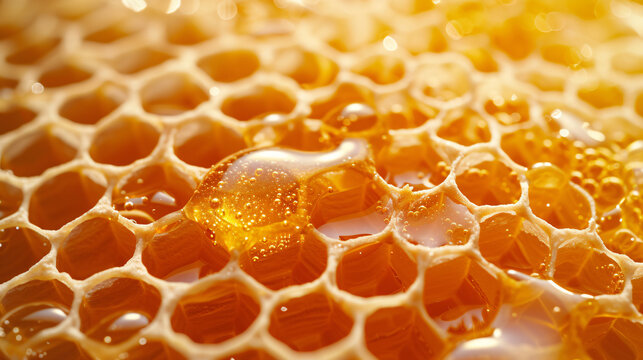 A stunning and lifelike portrayal of a honeycomb glistening with golden droplets of fresh honey. This image captures the beauty and allure of nature's sweetest treasure, showcasing its intri