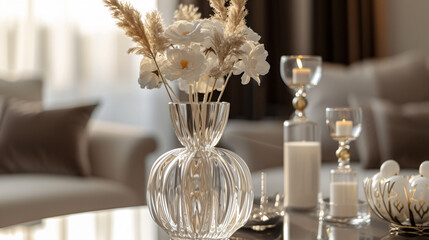 A stunning crystal vase, exuding elegance and sophistication, sits gracefully on a dining table, capturing the essence of luxurious home decor. Its impeccable clarity and intricate design ad