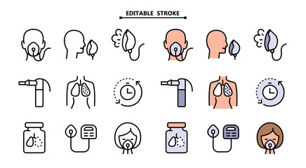 Color flat icons set of nebulizers of different types. Editable stroke. Healthcare symbol isolated on white background. Vector simple collection. - obrazy, fototapety, plakaty