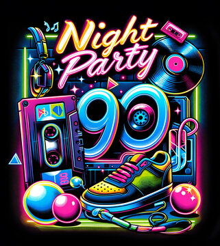 Back to the 90s Night Party: Vibrant Neon-Themed Illustration with Classic Sneakers, Cassette Tape, and Disco Elements, Perfect for Throwback Event Promotions. Party poster. Template design.