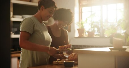 Happy woman, lesbian couple and breakfast in kitchen with bread for meal, snack or wheat at home. Female person, LGBTQ or gay people making food with spread for morning or natural nutrition at house