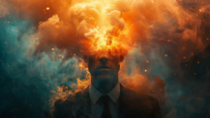 Surreal depressed office man suffered from mental illness,overthinking,burnout syndrome,stressed,anxiety,mental illness concept.. - obrazy, fototapety, plakaty