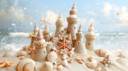 Obraz na płótnie Canvas Sandcastle surrounded by shells on a beach with azure sea in the background, ideal for vacation and summer themes.