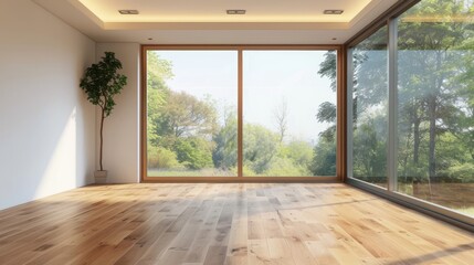 Modern room with large windows offering a view of the autumn trees, suitable for real estate and architecture use.