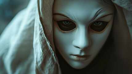 Surreal photo of a person wearing a mask with expressive eyes, symbolizing the hidden struggles behind a facade


