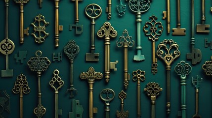 Background with antique old keys in Emerald color.