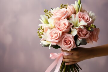 woman in a holding a beautiful blossoming flower bouquet of fresh roses, carnations, matthiola, in pink and pastel cream colors on the grey wall background