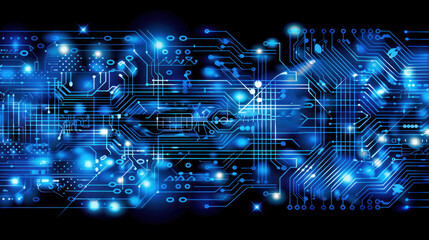 Dark white and azure tones highlight detailed surface modelling of a blue PCB, ideal for conveying a technological concept with a cyberpunk twist
