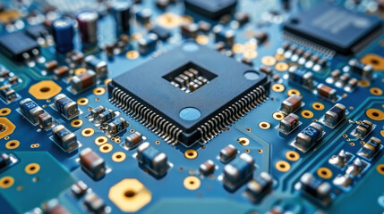 Futuristic blue PCB board on azure background, intricate lines symbolize advanced technology, perfect for cyberpunk-themed designs