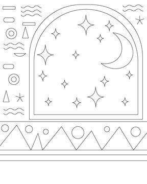 Egyptian background, window, wall. Coloring page, icon, black and white vector illustration. Coloring page, icon, black and white vector illustration.