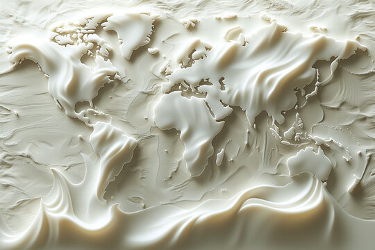 World Map in Cream, A Macro Closeup of a Creamy Texture Creates an Abstract and Natural Surface. The White Background Enhances the Beauty of this Dairy Product, Making It a Feast for the Eyes