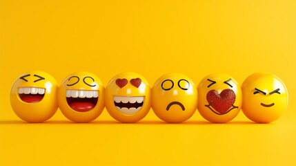 A vibrant and whimsical row of expressive yellow emoji faces, each conveying a range of emotions from heart eyes to laughter, creating a playful and emotive display. The row also features a