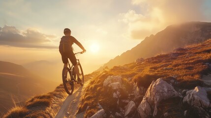 A fearless mountain biker defies gravity while navigating rugged terrain on an extreme sports adventure. Adrenaline-pumping thrills await in this heart-stopping journey. - obrazy, fototapety, plakaty