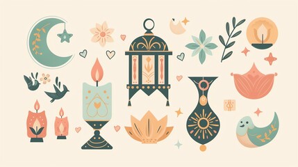 Naklejka premium Festive Ramadan and love-themed illustrations with pastel colors, radiating joy, celebration, and affection. Explore the rich cultural icons of Ramadan in these heartwarming images.