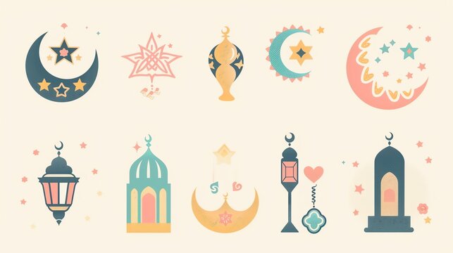 Festive Ramadan and love-themed illustrations with pastel colors, radiating joy, celebration, and affection. Explore the rich cultural icons of Ramadan in these heartwarming images.
