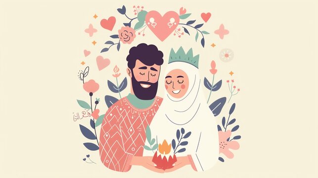 Festive Ramadan and love-themed illustrations with pastel colors, radiating joy, celebration, and affection. Explore the rich cultural icons of Ramadan in these heartwarming images.
