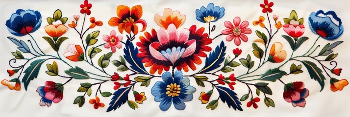 Vibrant Slovak folk embroidery displayed against a clean white backdrop - obrazy, fototapety, plakaty