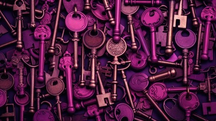 Background with antique old keys in Magenta color - obrazy, fototapety, plakaty