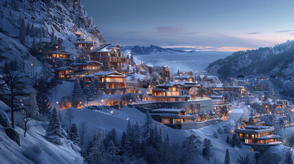A luxurious ski resort nestled on the peak of an untouched mountain where the slopes are paved with gold and diamonds reflecting the sunlight in a dazzling display of wealth - obrazy, fototapety, plakaty