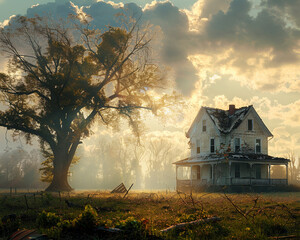 Create an image of a house and a tree the morning after a fierce storm The house stands resilient though signs of the nights turmoil are