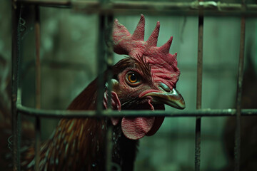close up of a chicken in a cage