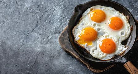 fried eggs in a frying pan on grey background, top view with copy space, banner