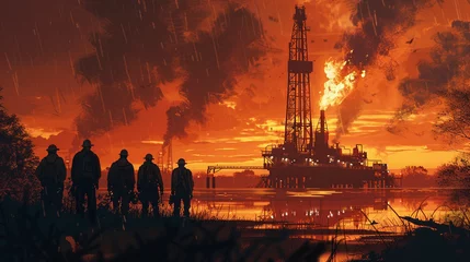 Papier Peint photo autocollant Rouge violet Envision the first light of dawn breaking over an oil drilling rig casting a golden glow on the machinery and the team of engineers gathered for
