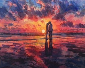 Picture a dreamy beach setting where a couple stands at the waters edge the sunset painting the sky in vibrant colors The moment of the proposal is