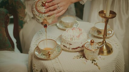 close up female hands hold teapot pour tea into cups golden porcelain service set. women noble sitting on sofa at coffee table have tea. girl rest woman queen royal room white vintage dress old style 