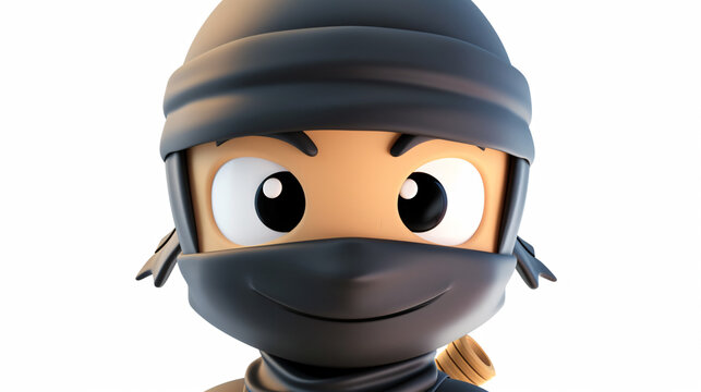 A playful and charming 3D illustration of a ninja beaming with a heartfelt smile, depicted in a close-up portrait against a clean white background. This endearing character sports a masked f