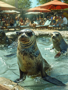 Picture a special seaside themed display area at the heart of an amusement park where seals wearing stylish sunglasses are the stars
