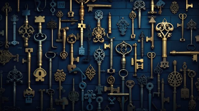  Background with antique old keys in Sapphire color